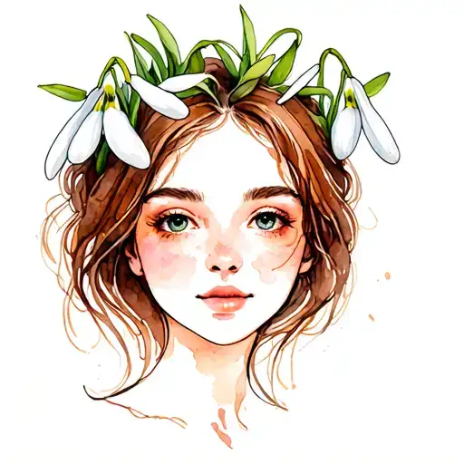 woman with brown hair and open snowdrop flower on the head tattoo design idea