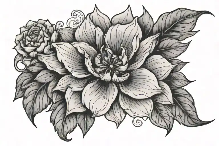 flower panel on the front of the thigh tattoo design idea
