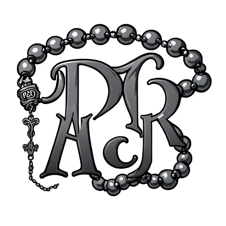 Initials PCR ZJR and ALR in rosary beads intertwined tattoo design idea