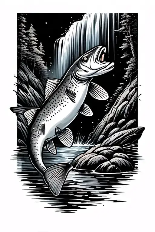 rainbow trout jumping salmon in waterfall tattoo design idea