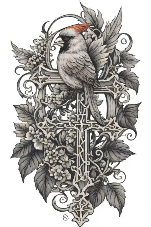 cardinal and cross surrounded by vines tattoo design idea