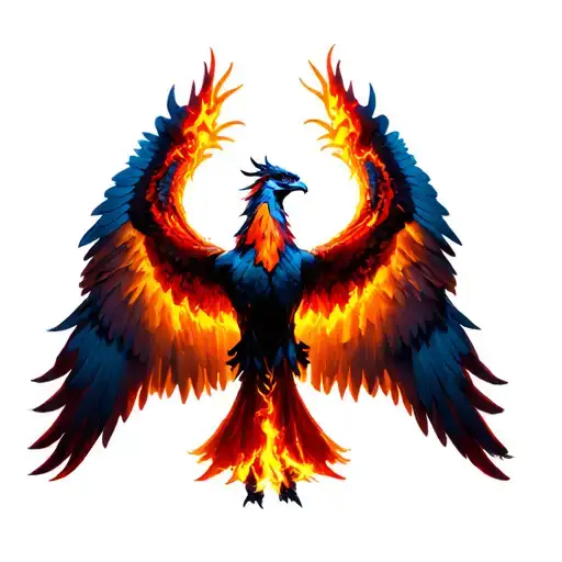 "A majestic phoenix rising from the flames, wings fully spread and glowing, feathers ablaze in vibrant reds, oranges, an tattoo design idea