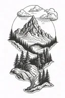 mountain ,nature , alpine trees and a person searching or waiting for his lost soul tattoo design idea