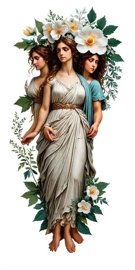 greek goddess hestia, irene, and harmonian surrounded by anemones, bay leaves, sage, and moly, include triskelion tattoo design idea