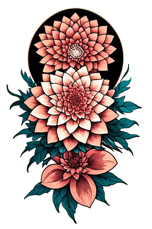 dahlia and mandala design incorporating geometric aspects with teal coloring tattoo design idea