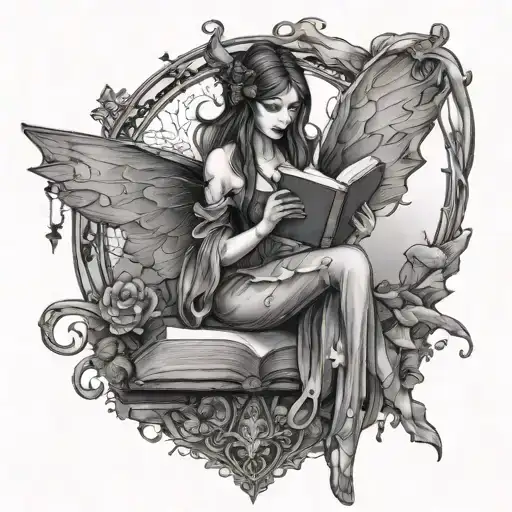 gothic fairy reading a book on the book have it say Mom 27/7/24 tattoo design idea