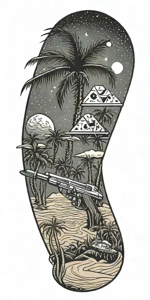 outer space, palm tree, galaxy, pyramid, shoal wintergreen dip can in the sand with a sunset, ray gun,  tattoo design idea