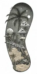 outer space, palm tree, galaxy, pyramid, shoal wintergreen dip can in the sand with a sunset, ray gun,  tattoo design idea