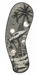 outer space, palm tree, galaxy, pyramid, shoal wintergreen dip can in the sand with a sunset, ray gun,  tattoo design idea