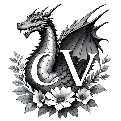 gragon, russia, two kids initials ( E and v), add flower details tattoo design idea