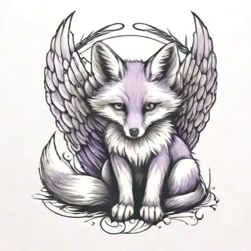 small fox sitting  with angel wings wrapped evenly with purple butterfly  tattoo design idea
