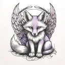 small fox sitting  with angel wings wrapped evenly with purple butterfly  tattoo design idea