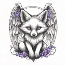 small fox sitting  with angel wings wrapped evenly with purple butterfly  tattoo design idea