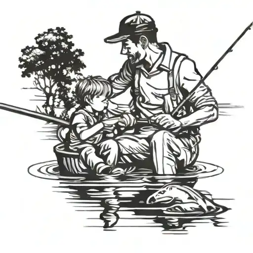 A father and son fishing together on a serene lake tattoo design idea