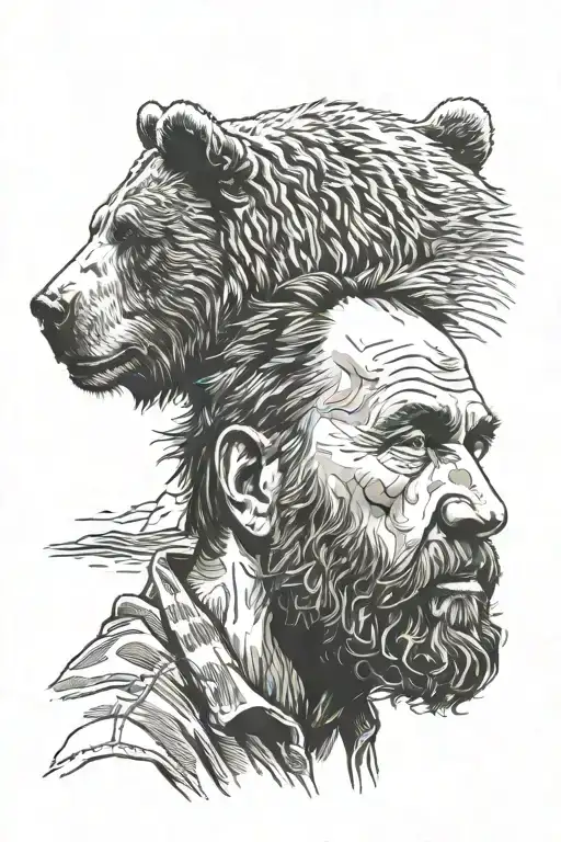 grizzly bear head over a bearded man tattoo design idea
