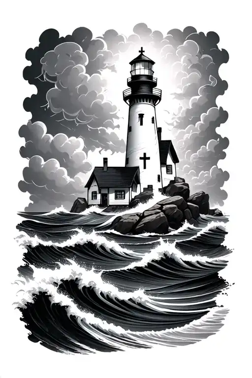 Christian light house storm clouds cross ocean waves rocks tattoo design idea