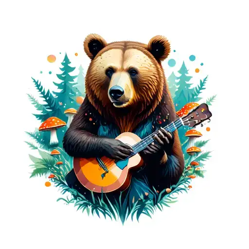 A female bear surrounded by geometric forest and amanita mushrooms with bluegrass instruments  tattoo design idea