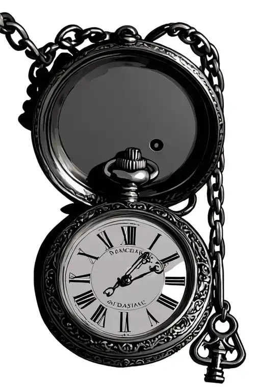 antique pocket watch open with chain attached. and  antique skeleton key attached to chain  tattoo design idea