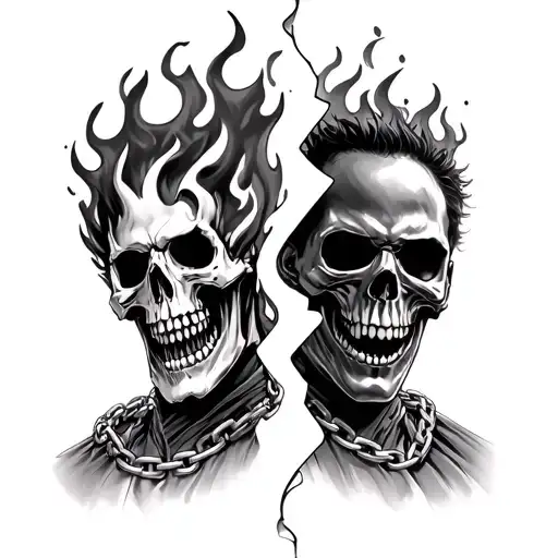 Ghost Rider split fire skull faces Johnny Blaze and Robbie Reyes with chains tattoo design idea