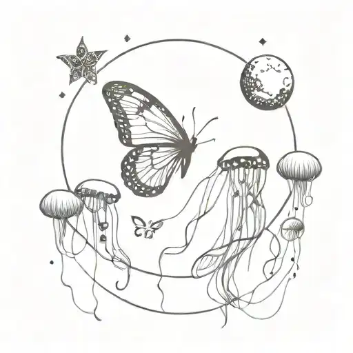butterfly, jellyfish, moon, tattoo design idea