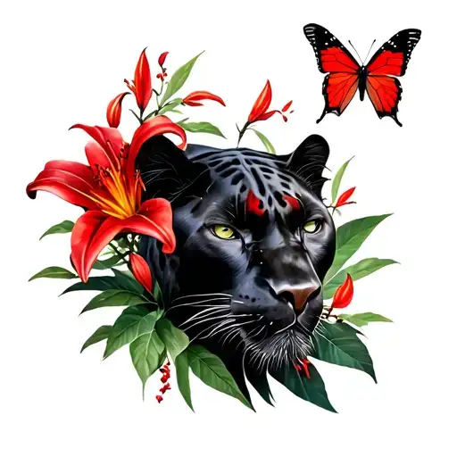realistic black panther tattoo in a jungle ,red lily’s,red butterflies, red vines(detailed and no gaps) tattoo design idea