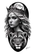 black & grey realism- beautiful greek goddess with light color hair, wearing crown, 2 lion cubs and moon tattoo design idea