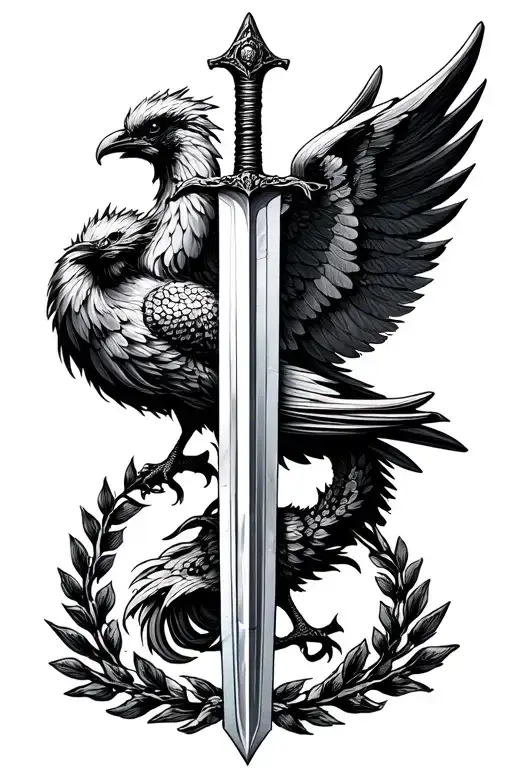 sword with straight blade pointed down with a laurel wreath and pheonix with stretched wings tattoo design idea