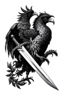 sword with straight blade pointed down with a laurel wreath and pheonix with stretched wings tattoo design idea