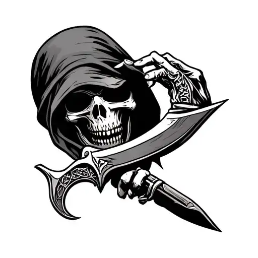 grim reaper holding karambit knife crossed tattoo design idea