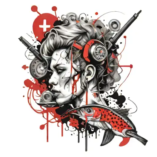 large paramedic curley hair fishing with guns tattoo design idea