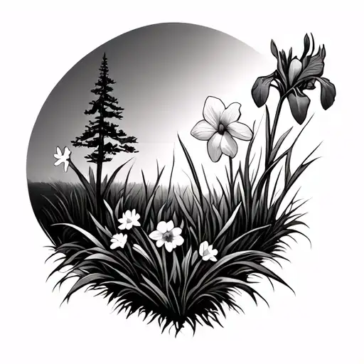alder tree  with iris, daffodil, delphinium flower growing from the ground tattoo design idea