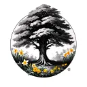 alder tree  with iris, daffodil, delphinium flower growing from the ground tattoo design idea