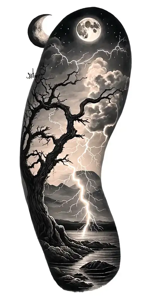 köynnös and moon and tree and lightning bolt tattoo design idea