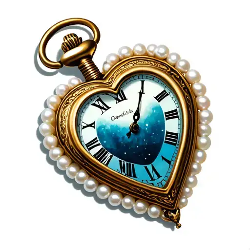 A heart-shaped pocket watch with a white pearl border, pointing to midnight. tattoo design idea