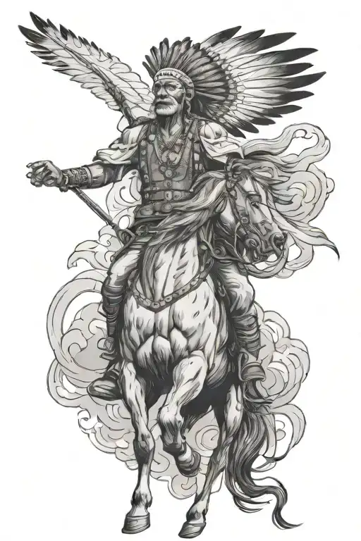 indian cheif riding a bucking grey horse feathers flow into the sky tattoo design idea