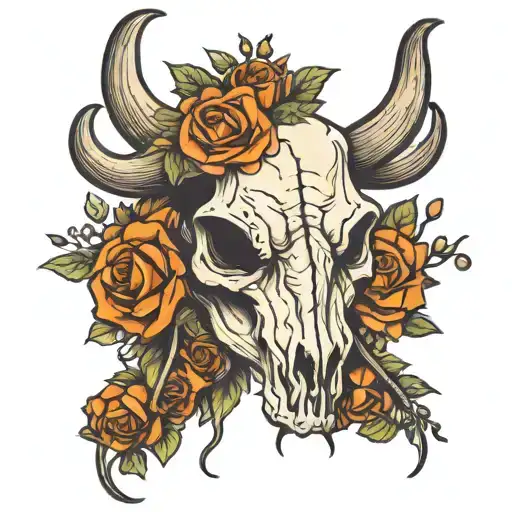 longhorn cow skull with flowers on horn  tattoo design idea