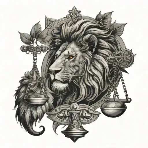 lion head and justice scales with life tree emerging tattoo design idea