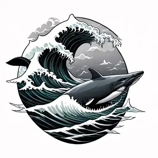 Tattoo of wave with shark and beluga whale swimming underneath  tattoo design idea