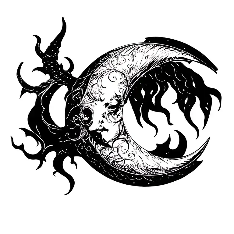 Crescent moon facing up like horns emerging tattoo design idea