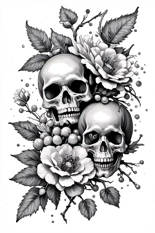 Full sleeve tattoo with flowers and many little skull like they are berries tattoo design idea