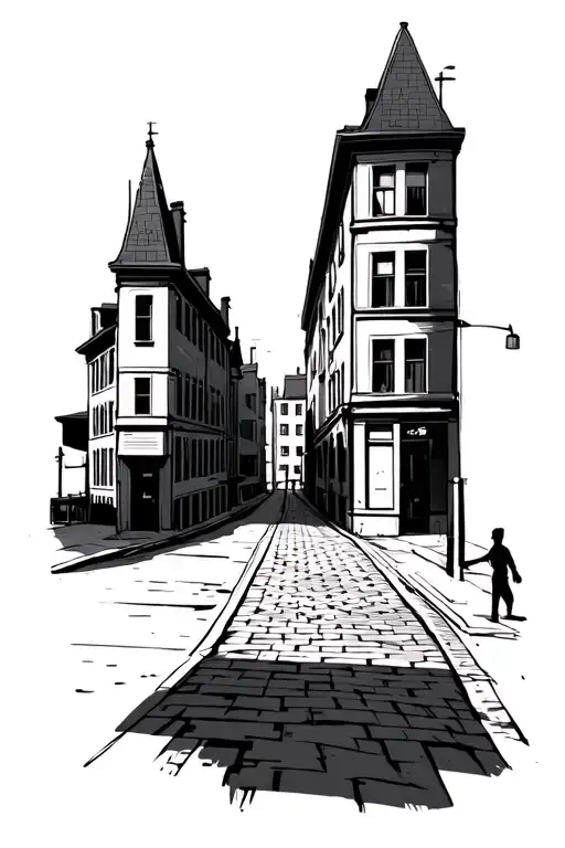 brick road with buildings, light poles, and shadow figure tattoo design idea