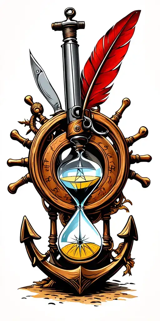 flintlock pistol, cutlass, quill pen, nautical compass, fouled anchor, ship's wheel, hourglass tattoo design idea