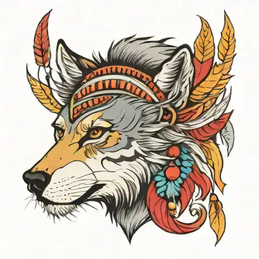 front view three points, left side wolf, right side lion face with mane, wearing indian cherokee head piece. colored tattoo design idea
