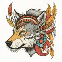 front view three points, left side wolf, right side lion face with mane, wearing indian cherokee head piece. colored tattoo design idea