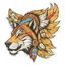 front view three points, left side wolf, right side lion face with mane, wearing indian cherokee head piece. colored tattoo design idea