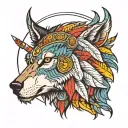 front view three points, left side wolf, right side lion face with mane, wearing indian cherokee head piece. colored tattoo design idea