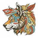 front view three points, left side wolf, right side lion face with mane, wearing indian cherokee head piece. colored tattoo design idea