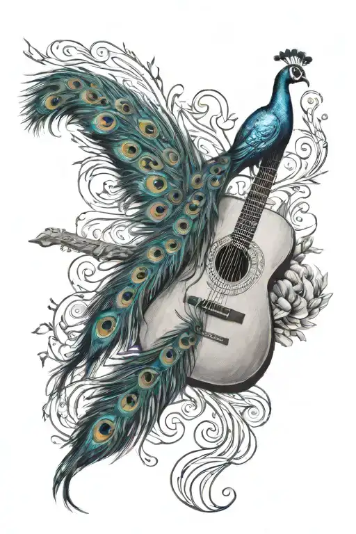 Guitar and peacock feather tattoo design idea