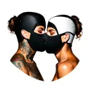 woman and man passionately kissing wearing full ski masks. woman has tan skin and man has brown skin. tattoo design idea