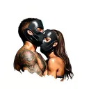 woman and man passionately kissing wearing full ski masks. woman has tan skin and man has brown skin. tattoo design idea